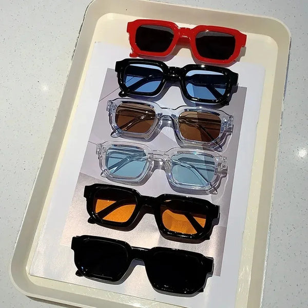 A display of six pairs of classic rectangle UV400 sunglasses in various colors and finishes arranged vertically.