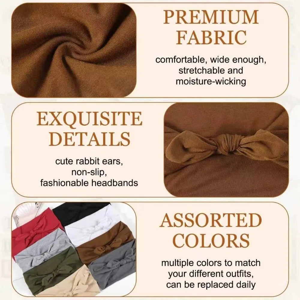 A brown fabric headband with cute rabbit ears and a bow, shown alongside assorted colors.