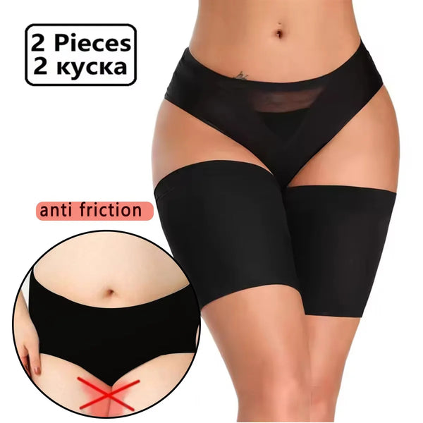Black anti-friction silicone thigh sleeves shown on a person's leg.