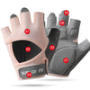 A set of pink and gray half finger sports gloves for weight lifting and exercise, showing various finger sizes.
