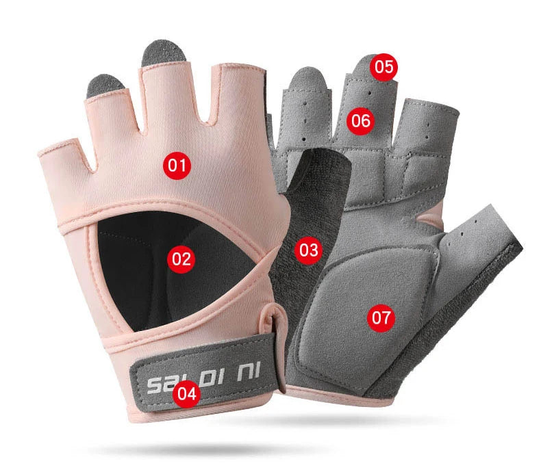 A set of pink and gray half finger sports gloves for weight lifting and exercise, showing various finger sizes.