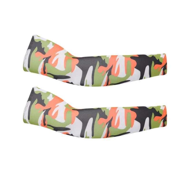 A pair of unisex cooling arm sleeves featuring a camouflage pattern of green, orange, and black.