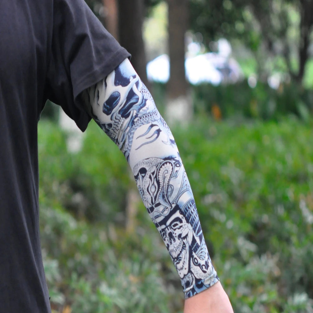 Close-up of a person wearing long-sleeved ice silk tattoo sleeves with blue and white designs.