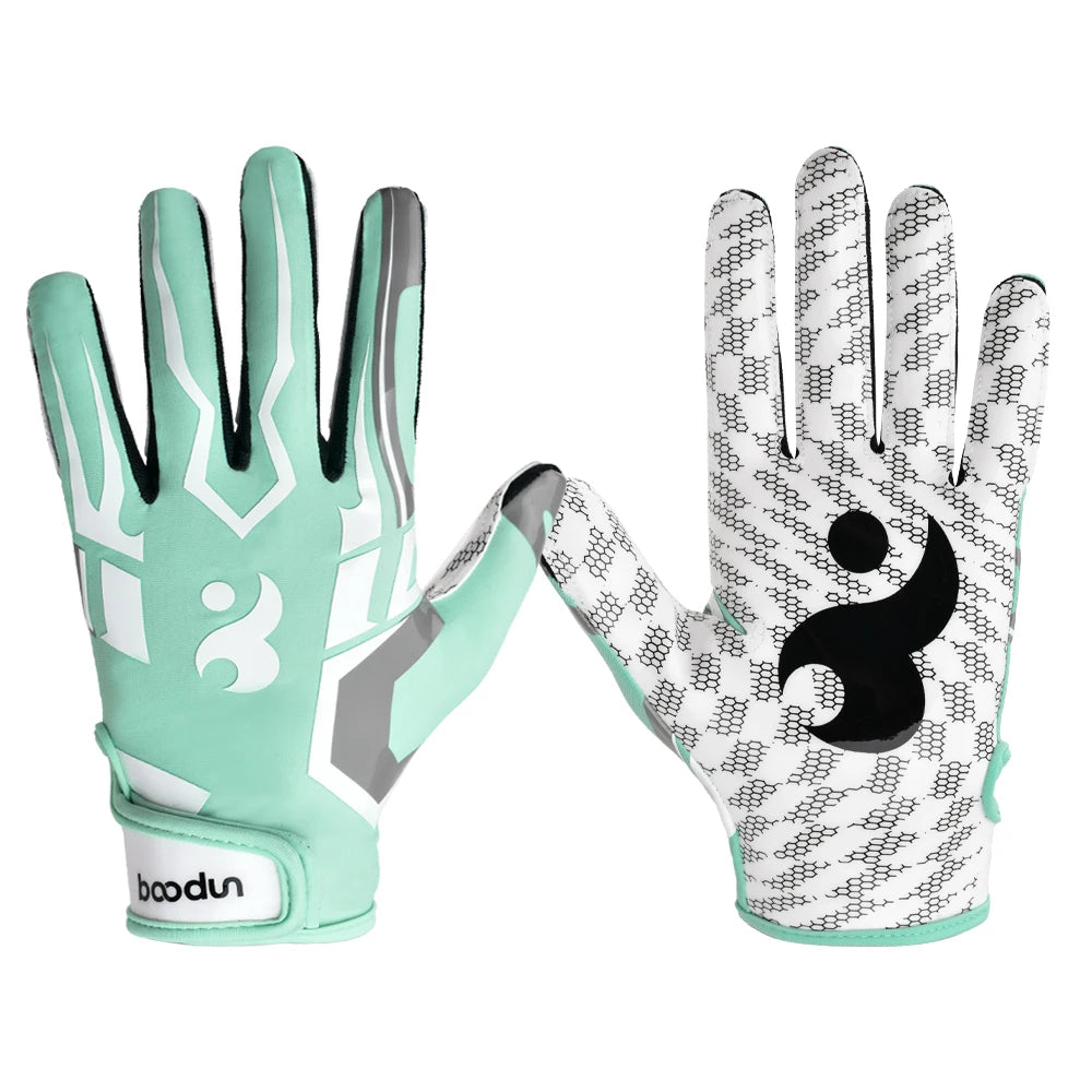 Une paire de gants de sport en silicone vert menthe antidérapants avec des motifs noir et blanc.