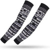 Black sports arm sleeves featuring white text and stars for UV protection