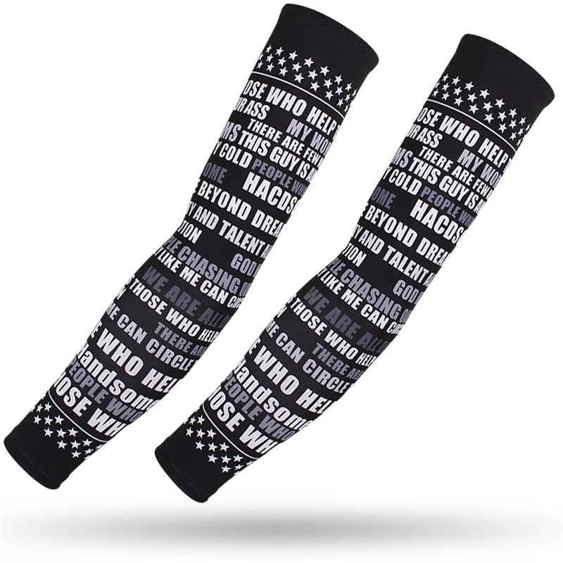 Black sports arm sleeves featuring white text and stars for UV protection