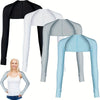 Ein Set leichter Sport-Sonnenschutz-Schals für Damen in Schwarz, Weiß und Grau, präsentiert neben einem Model.