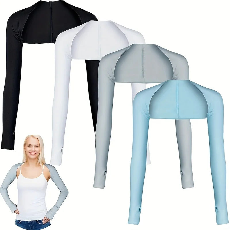 Ein Set leichter Sport-Sonnenschutz-Schals für Damen in Schwarz, Weiß und Grau, präsentiert neben einem Model.