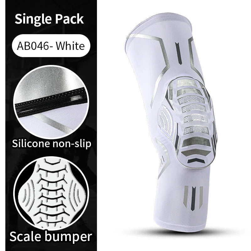 White compression knee brace with silver accents and a silicone non-slip grip.