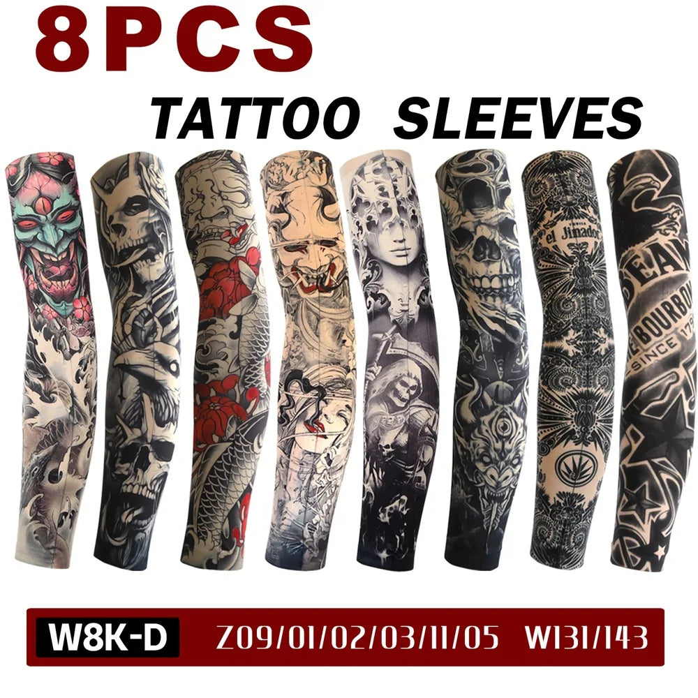 Paquete de ocho mangas para tatuajes con varios diseños en mangas elásticas para el brazo