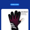 Black and pink goalkeeper gloves showing the textured surface and latex material for impact absorption