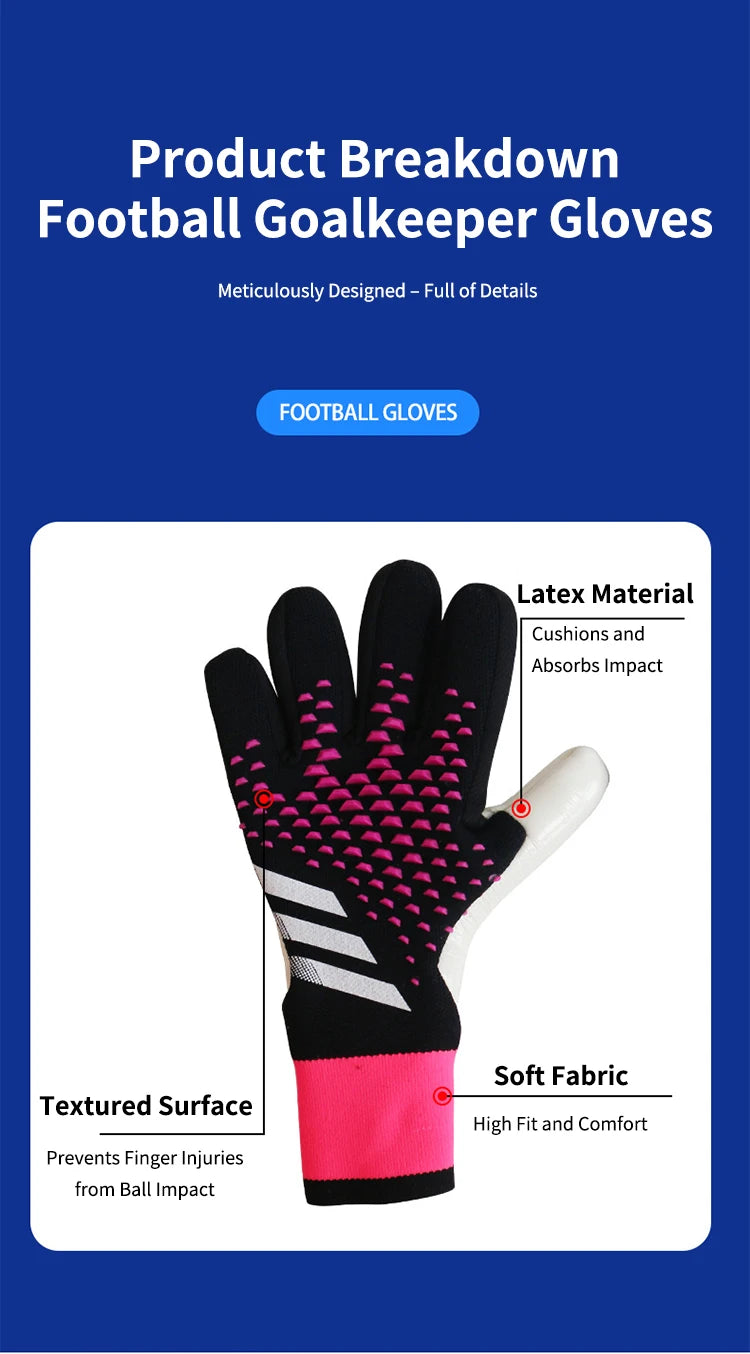 Black and pink goalkeeper gloves showing the textured surface and latex material for impact absorption