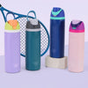 Three stainless steel insulated fitness cups in purple, teal, and pink with lids and straws displayed on a light surface.