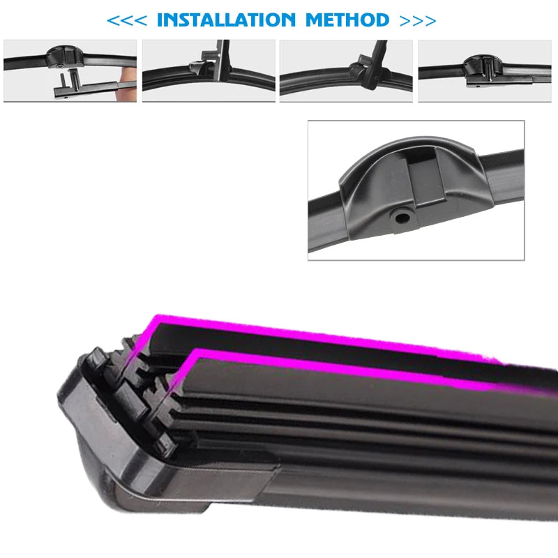 Installation method and components for universal car wiper blades shown in various angles.
