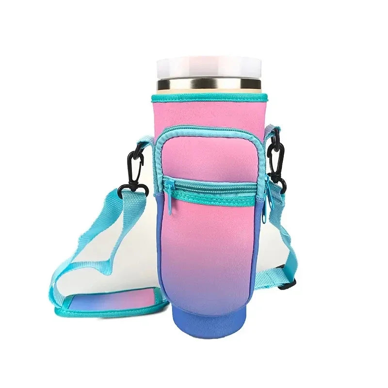 A pink and blue adjustable water bottle carrier bag with a phone pocket and a silver lid.