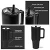 A black insulated stainless steel water bottle with a handle and circular flip straw, shown from multiple angles.