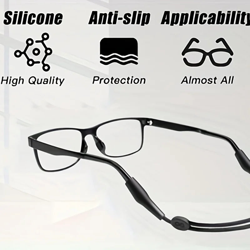 Black adjustable eyeglass strap designed for high quality protection and almost all eyewear.