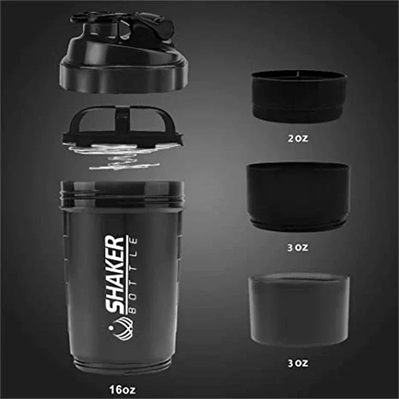 A set of black portable protein shaker bottles in various sizes, including 16oz, 3oz, and 2oz.