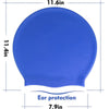 A blue silicone swimming cap with a diameter of 11.6 inches and a height of 11.4 inches.