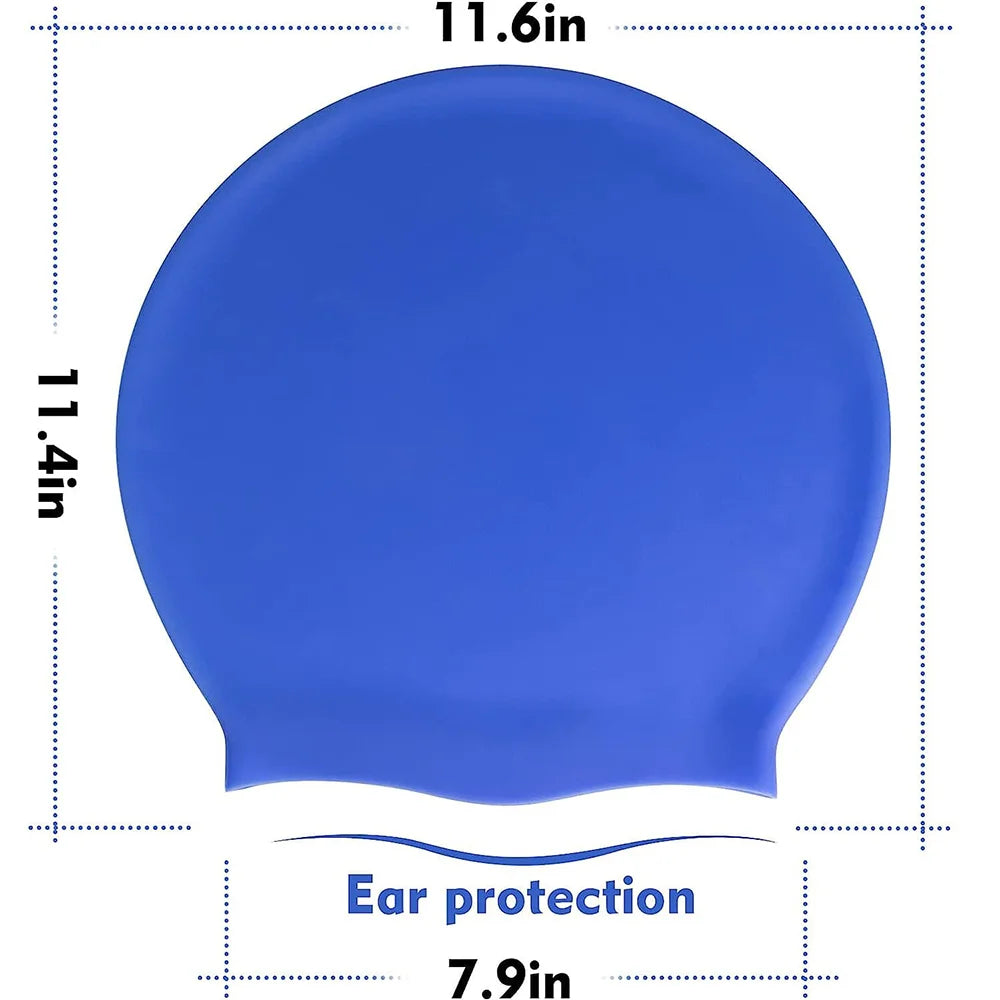 A blue silicone swimming cap with a diameter of 11.6 inches and a height of 11.4 inches.