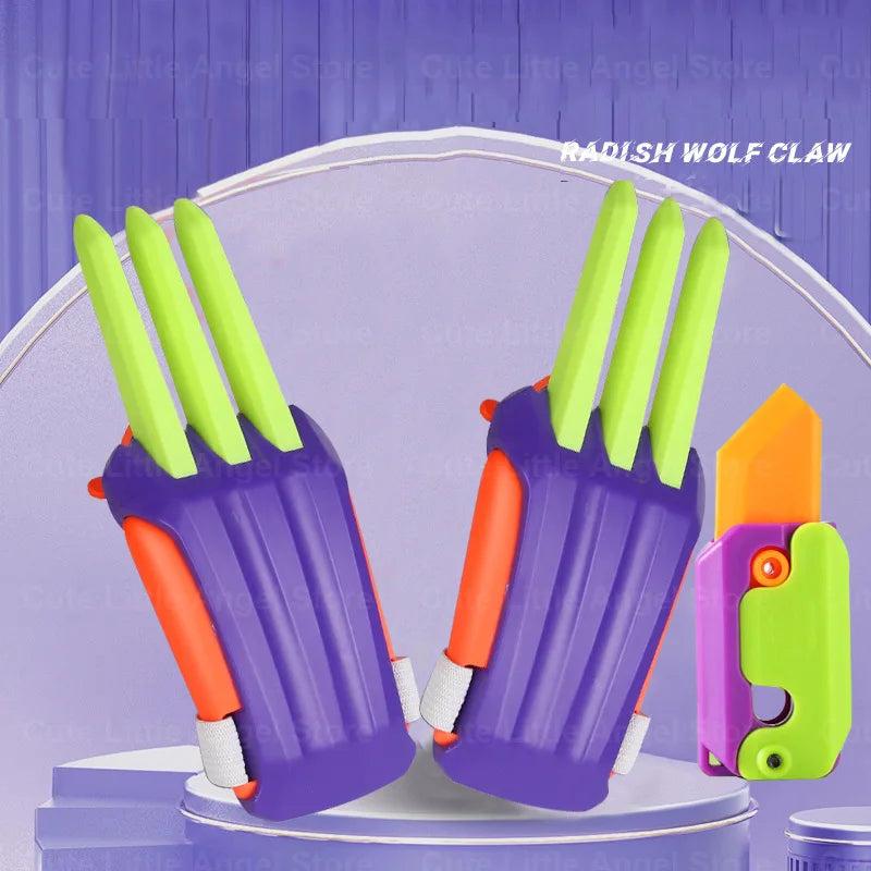 A pair of bright green carrot-shaped fidget stress relief toys with purple and orange accents.