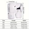 A set of white boxing gloves shown with size options and dimensions.