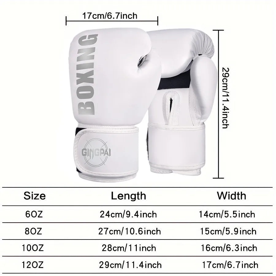 A set of white boxing gloves shown with size options and dimensions.