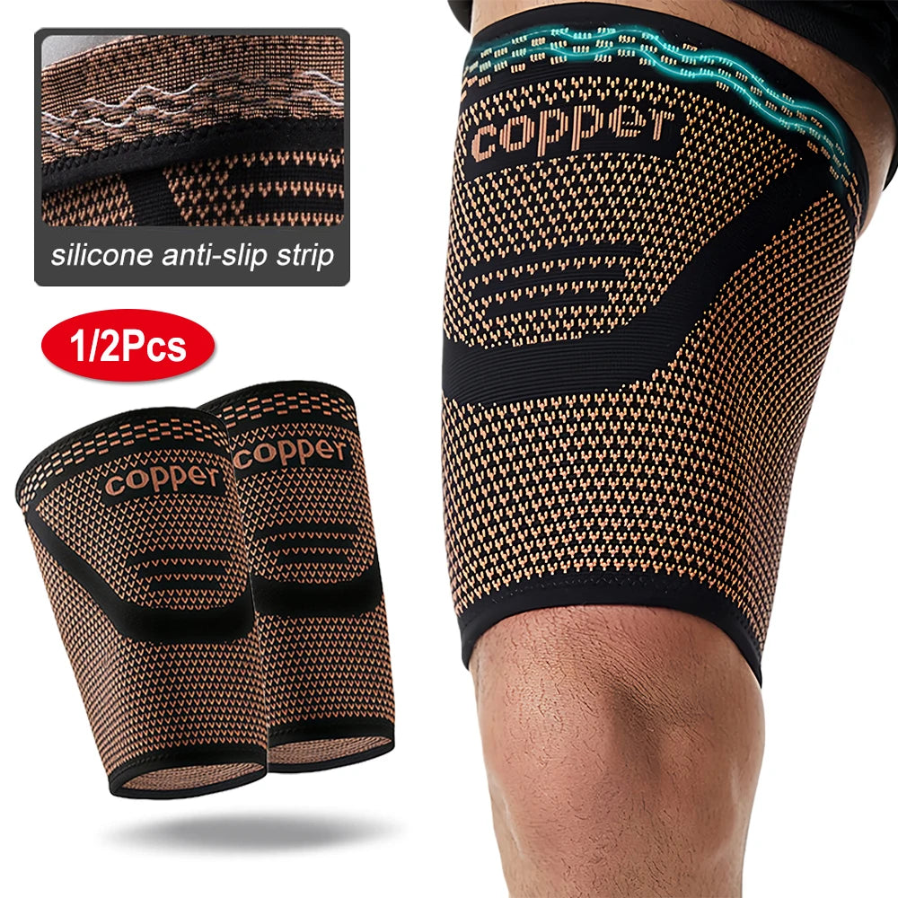 Black copper anti-slip thigh compression sleeves for athletic support