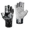 A pair of black fingerless sun gloves with a patterned design and a wrist strap.