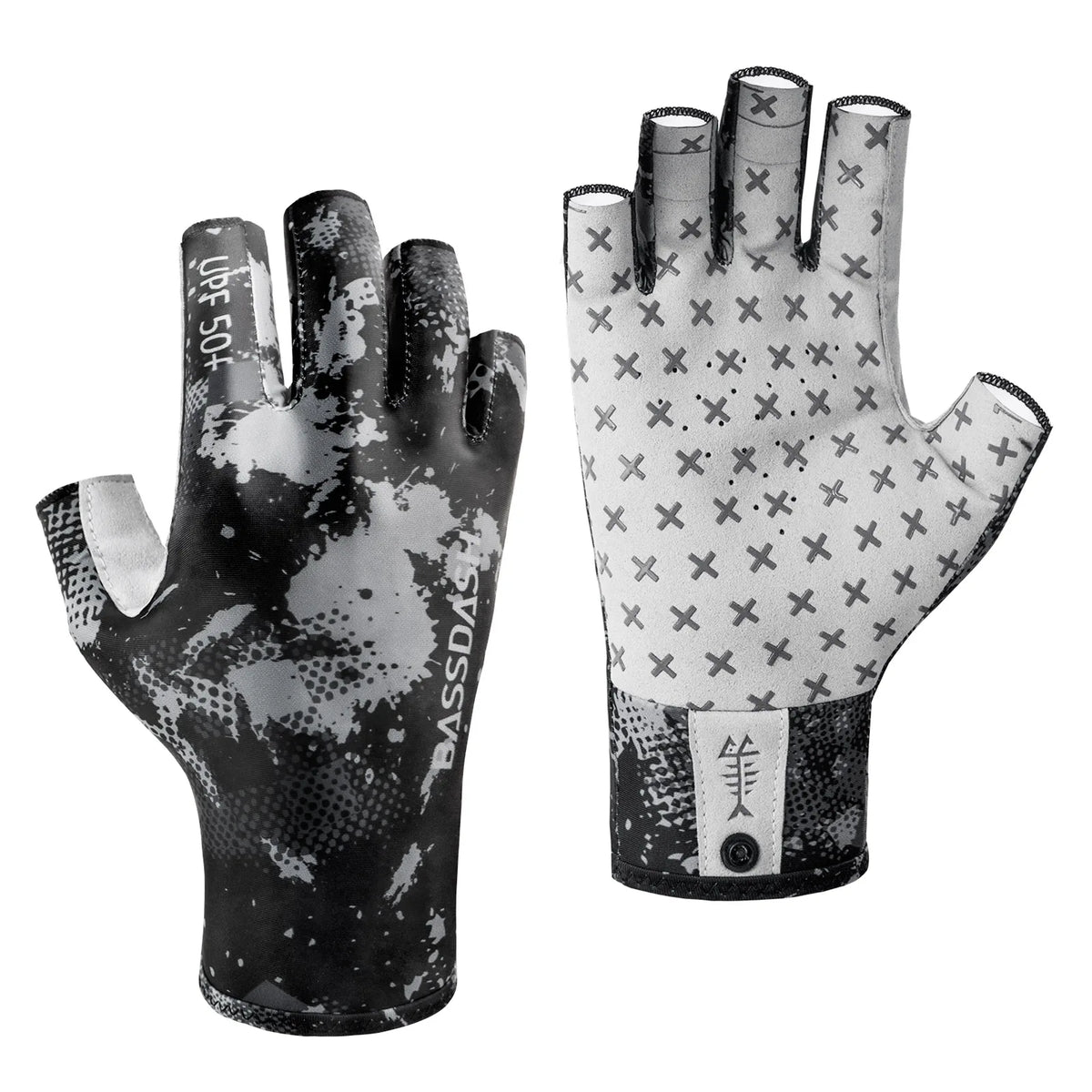 A pair of black fingerless sun gloves with a patterned design and a wrist strap.