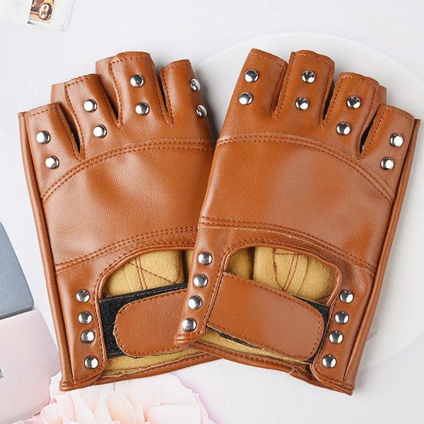 A pair of brown riveted leather performance gloves displayed on a white plate.
