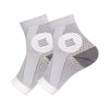 Pair of gray ergonomic plantar fasciitis relief socks with mesh and supportive features
