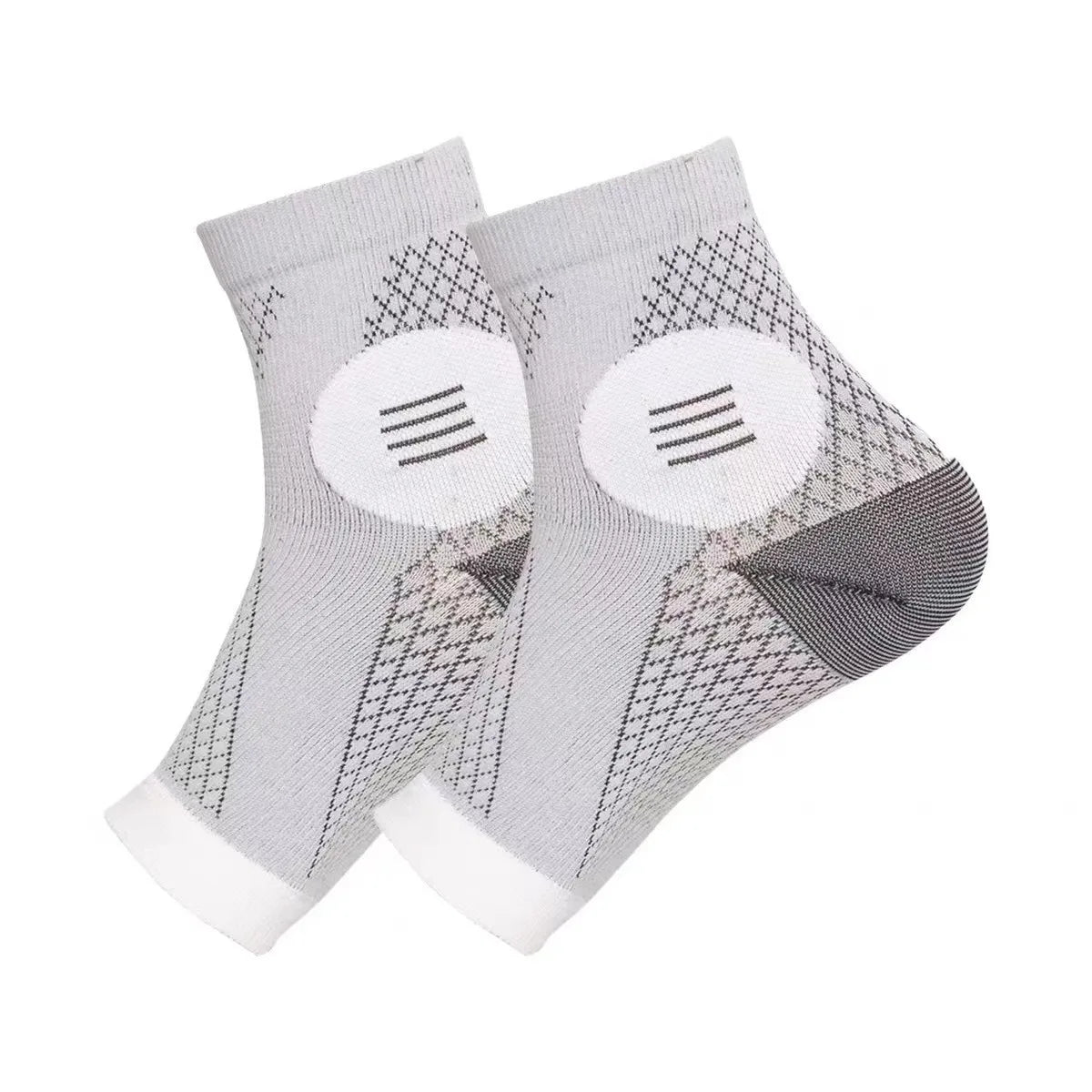 Pair of gray ergonomic plantar fasciitis relief socks with mesh and supportive features