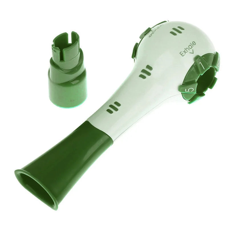 A white and green adjustable handheld lung expansion trainer with a mouthpiece and valve.