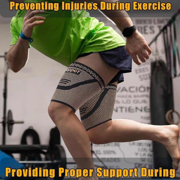 A person exercising wearing black anti-slip copper thigh compression sleeves.