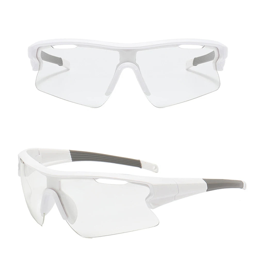 Clear white sports sunglasses with gray accents for cycling and outdoor activities