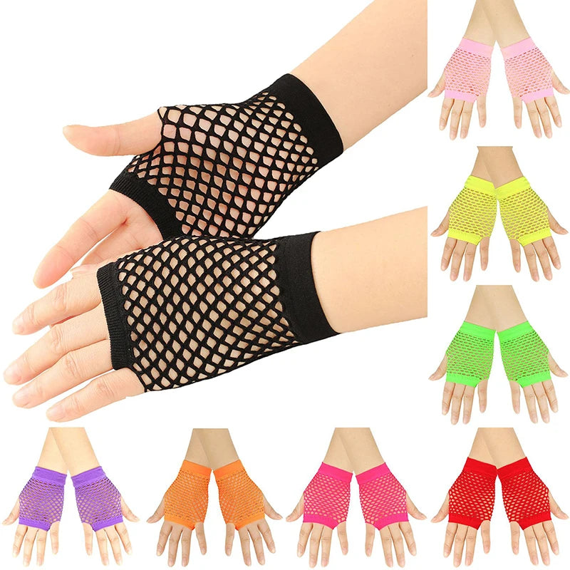 Various colors of mesh fingerless gloves shown on hands and arms for parties or costumes