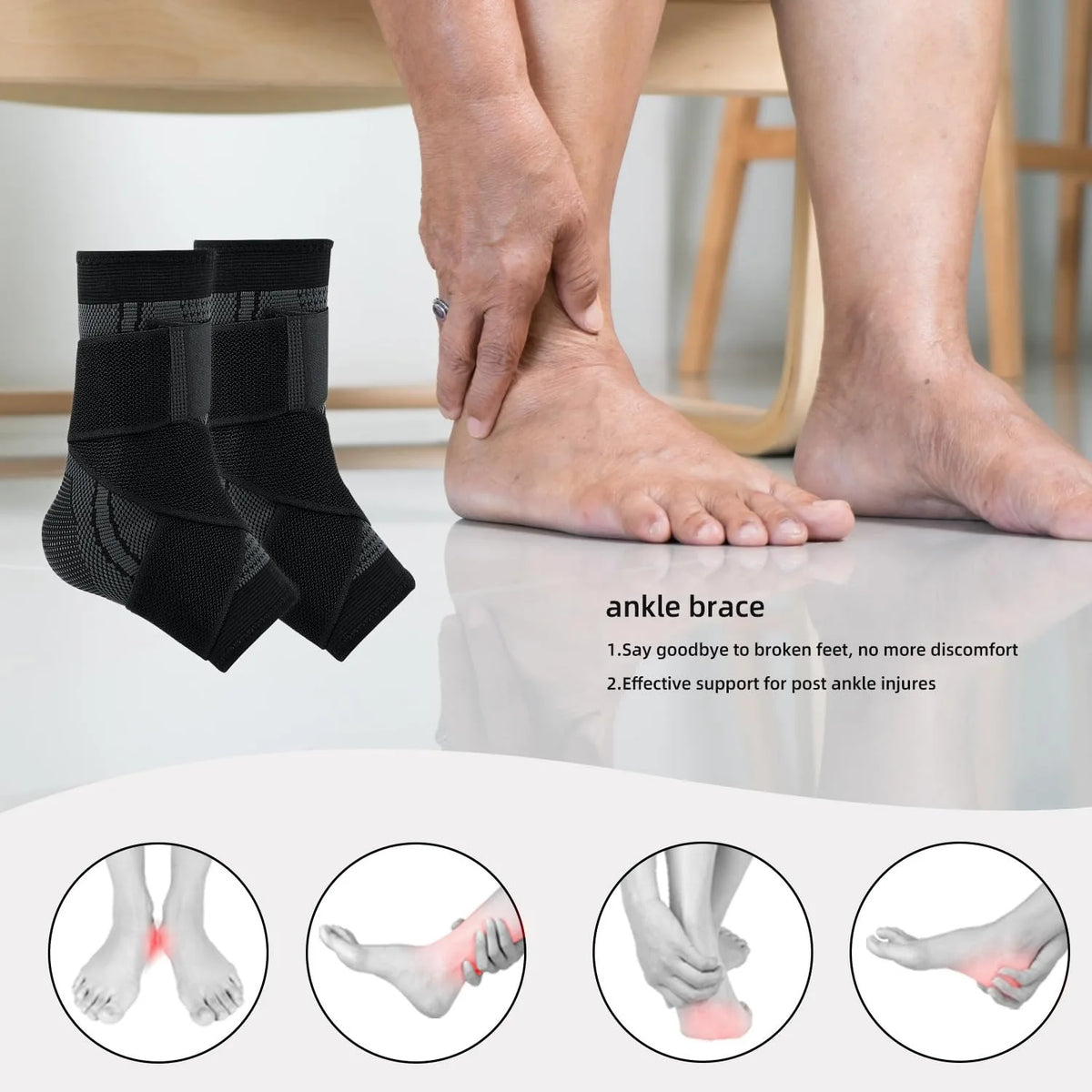Black adjustable ankle brace for foot and arch support shown on a person's ankle.
