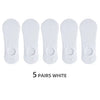 Five pairs of white men's invisible silicone no-show socks laid out side by side.