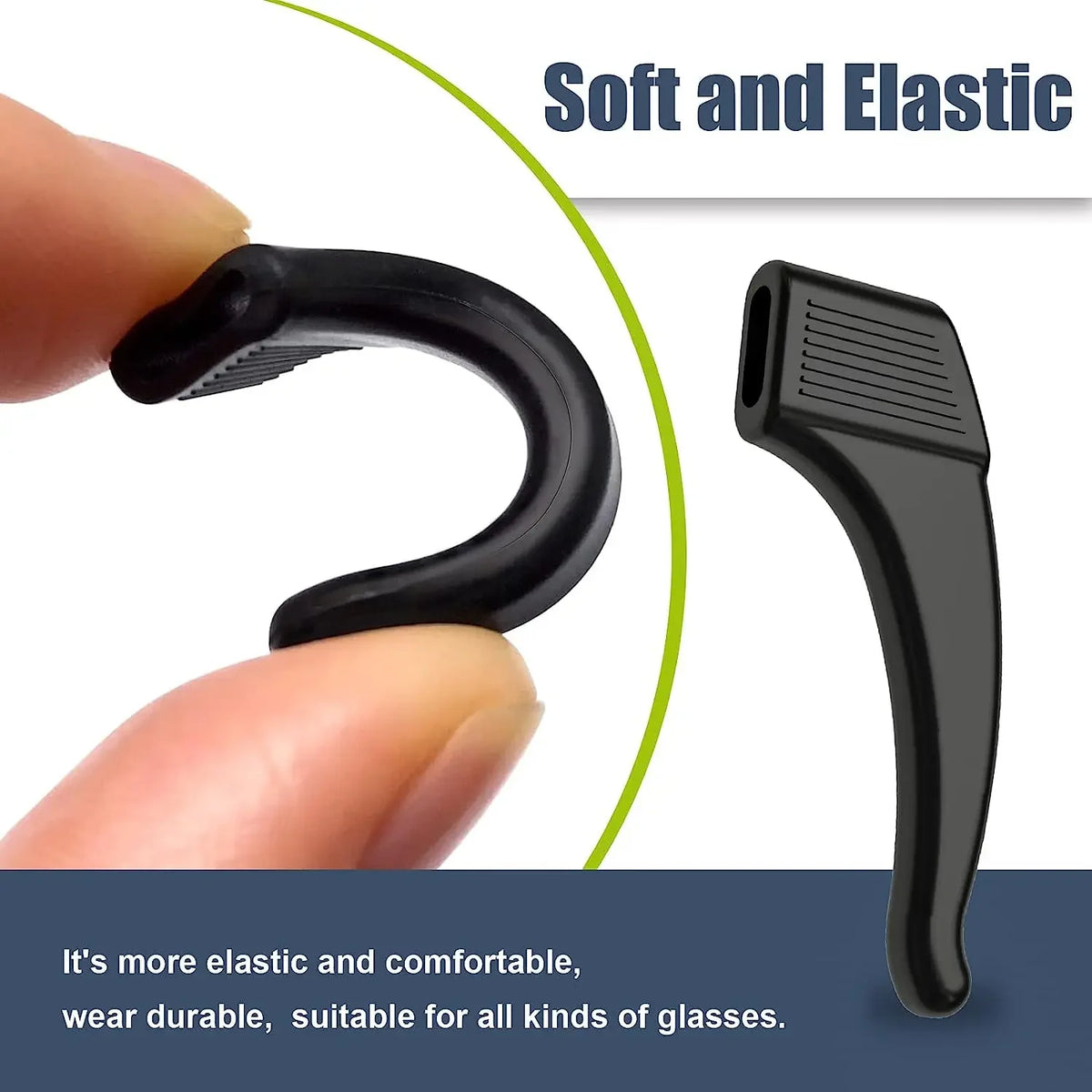 Black silicone ear hooks for eyeglasses showing their flexible and elastic design