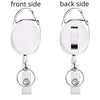 Front and back views of a white retractable ID badge reel keychain.