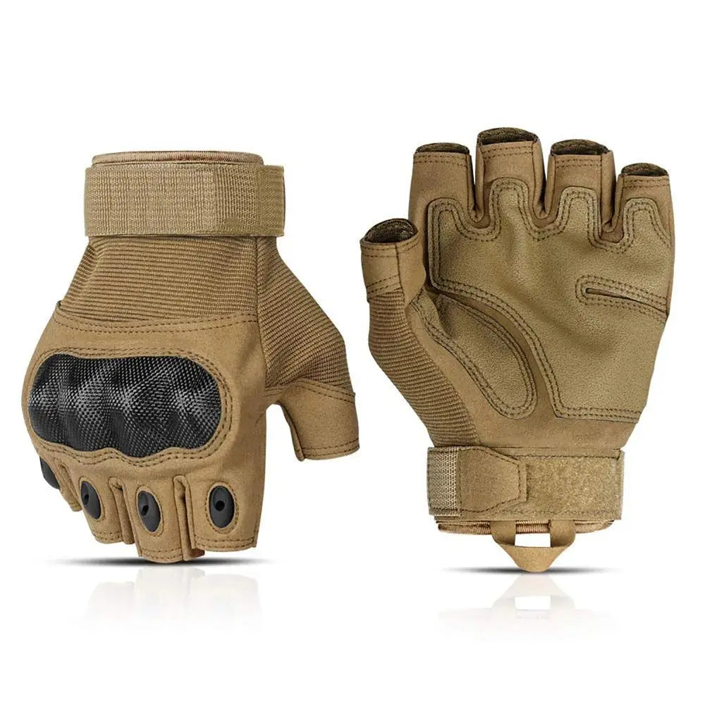 A pair of tan tactical full finger gloves shown against a white background.