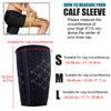 Black compression calf sleeves in sizes S, M, and L with measurement guidelines.