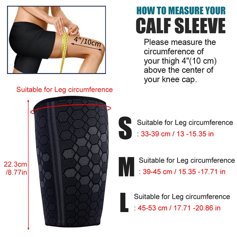 Black compression calf sleeves in sizes S, M, and L with measurement guidelines.