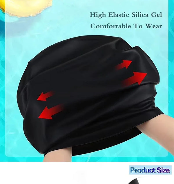 Schwarzer elastischer Silikagel-Stoff-Hijab, getragen auf dem Kopf eines Menschen.