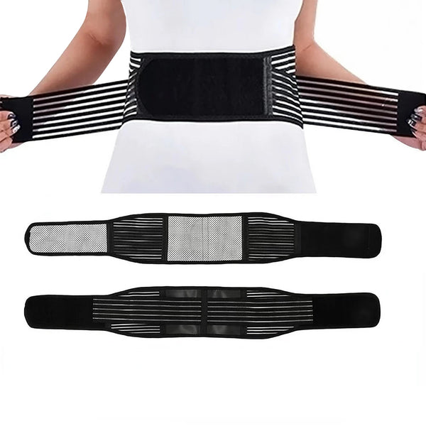 Black and white sports waist support belts shown in various forms for body support