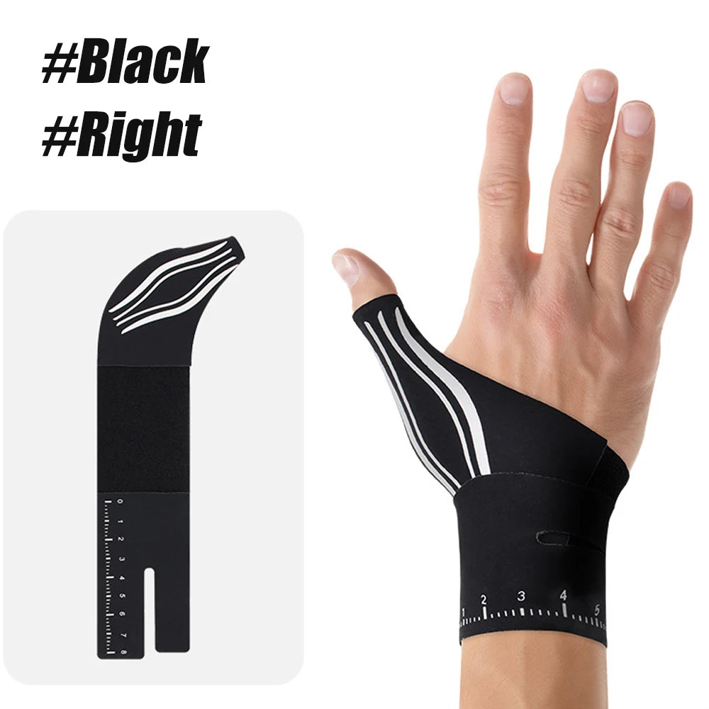 A black adjustable thumb and wrist brace worn on a hand, showing the design and measurement markings.