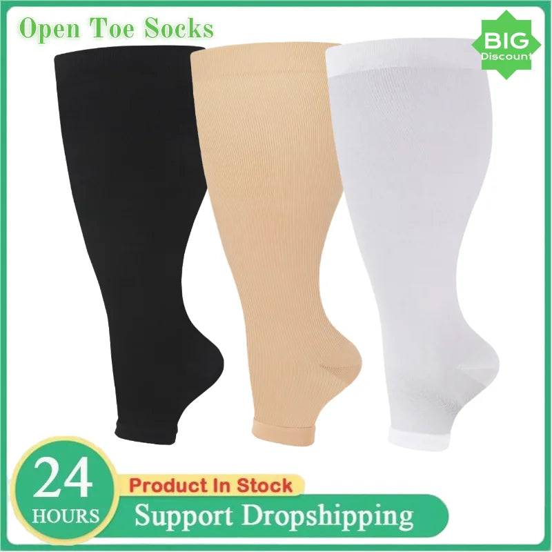 Three pairs of open toe compression socks in black, beige, and white shown for leg circulation relief