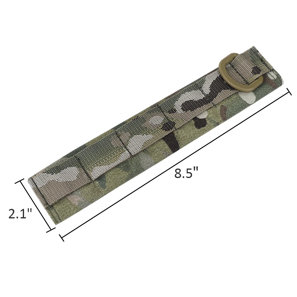 A camouflage tactical modular headset protection cover strap with a buckle.