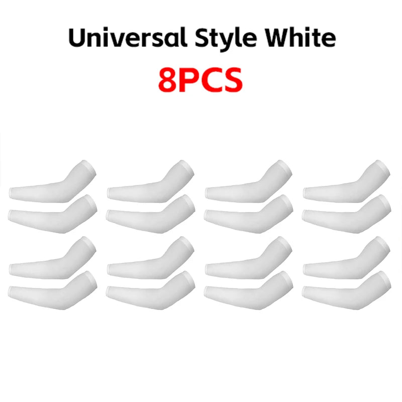 Eight white fingerless arm sleeves for UV protection and warmth